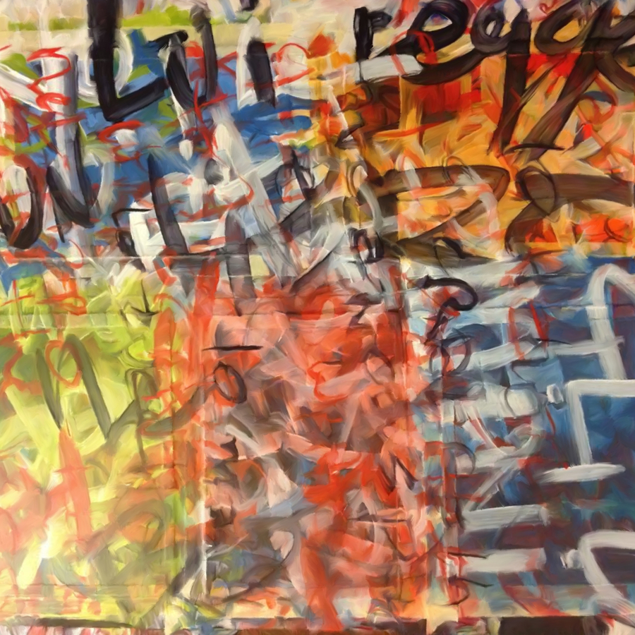 Abstract painting in red, yellow, blue, and orange, with black and white mostly-illegible handwritten text all over it.