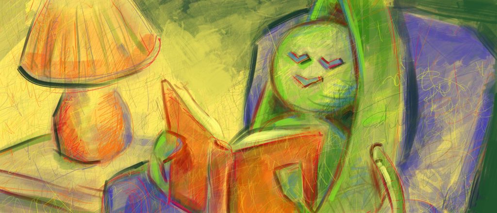 Anthropomorphized pea pod reading a book with a lamp on.