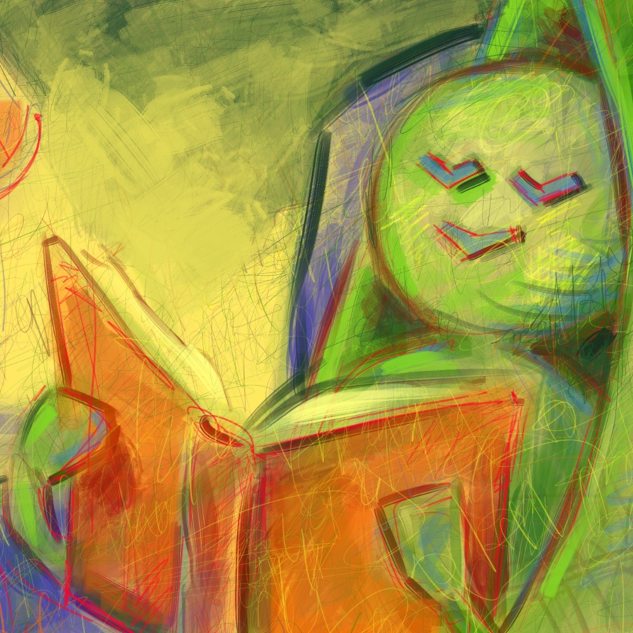 Anthropomorphized pea pod sitting in a chair reading a book by lamp light.
