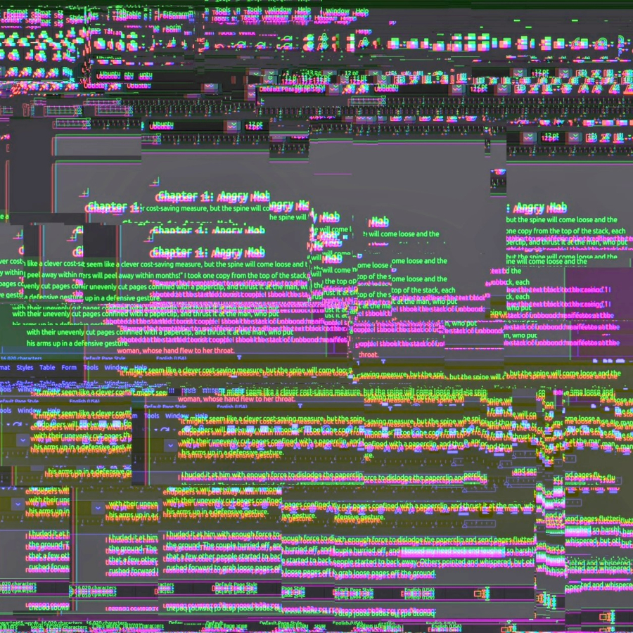 Abstract with lines of text distorted and color offset by a number of AI filters.