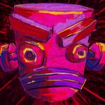 Angry-looking robot head in pink, red, and purple.