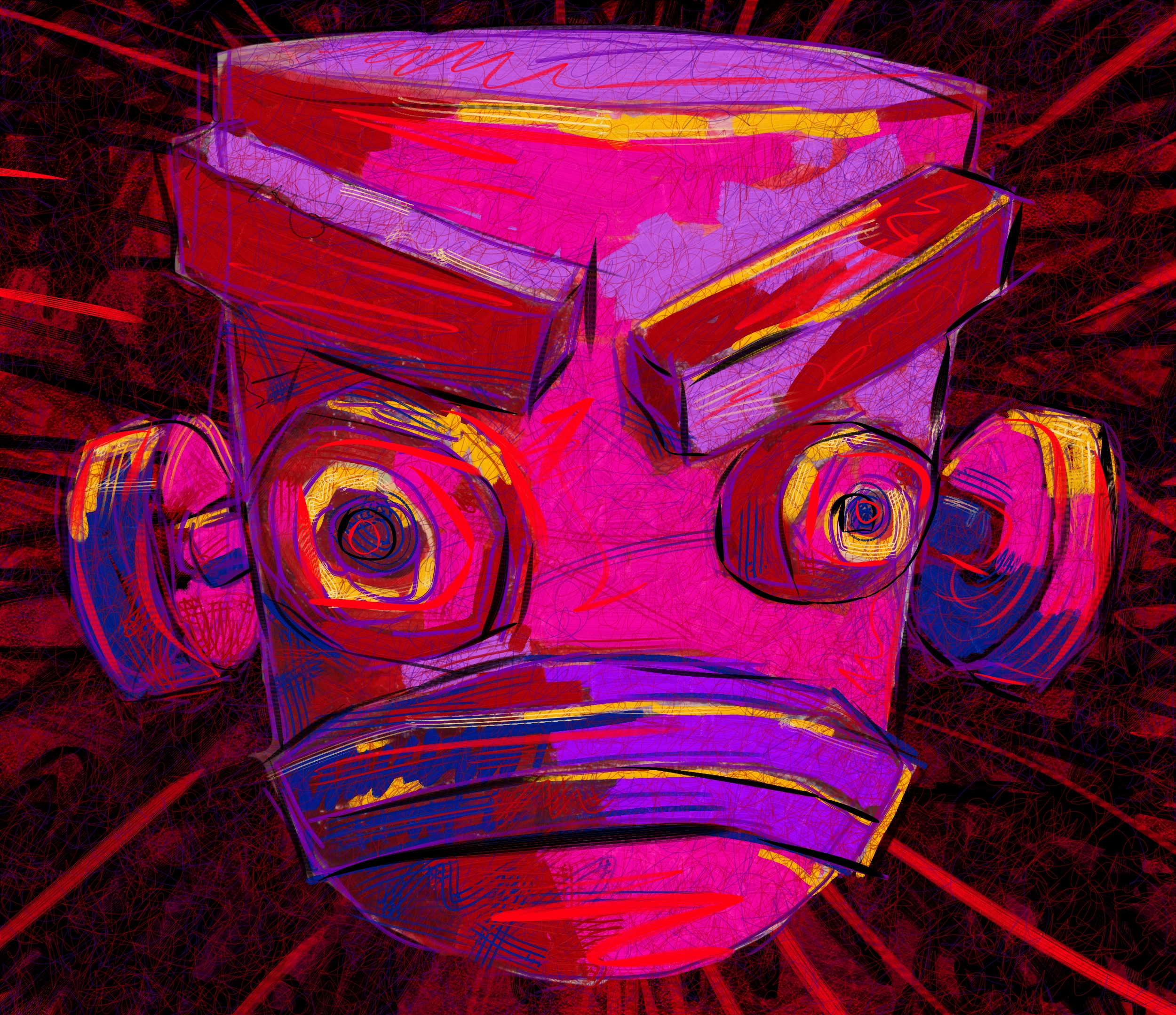 Angry-looking robot head in pink, red, and purple.