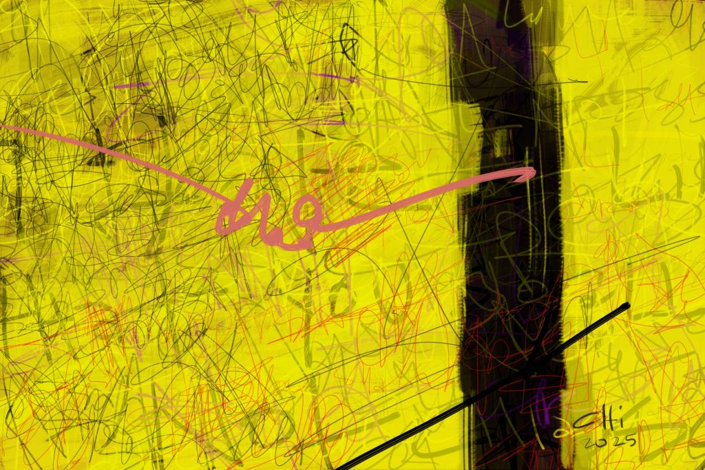 Thick black vertical line against a textured yellow background. There are multiple layers of scribbling in black to create texture. The vertical line is intersected by a pink scribble and a second black line at the bottom.