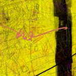 Thick black vertical line against a textured yellow background. There are multiple layers of scribbling in black to create texture. The vertical line is intersected by a pink scribble and a second black line at the bottom.