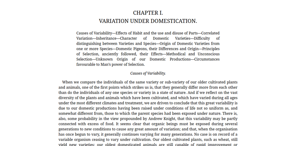 Screenshot of Chapter 1 of Darwin's On the Origin of Species, with unlinked subheadings at the top.