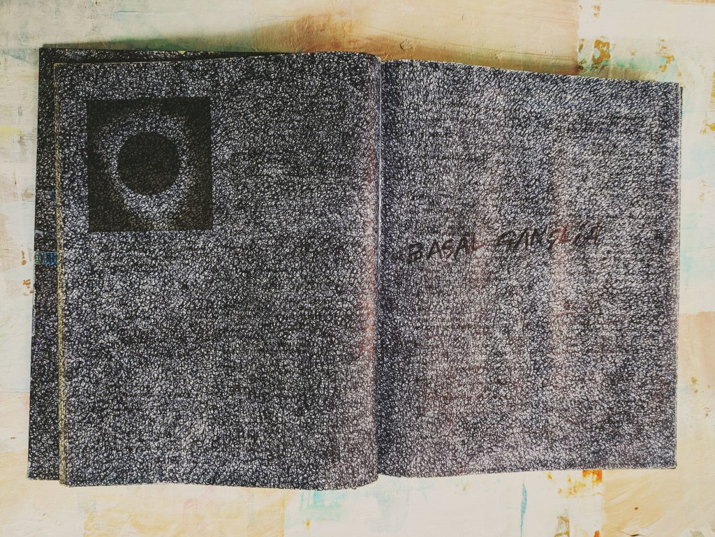 Open textbook of western philosophy. Both pages have been entirely scribbled out with a black ballpoint pen, but there is a photo of an eclipse still visible under the scribbles on the left-hand page. On the right-hand page, the words "basal ganglia" have been scribbles in block letters on the page.