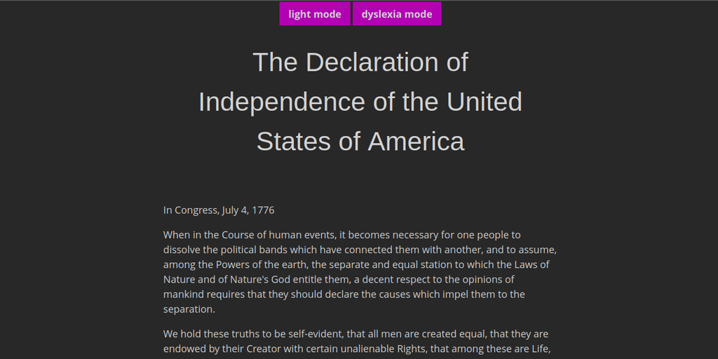 Screenshot of the first screenful of The Declaration of Independence of the United States of America, with light mode and dyslexia mode toggles at the top, the title in big letters centered at the top, and in dark mode.