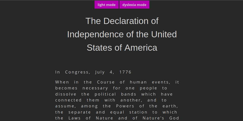 Dyslexia mode, with increased font size and letter- and word-spacing.
