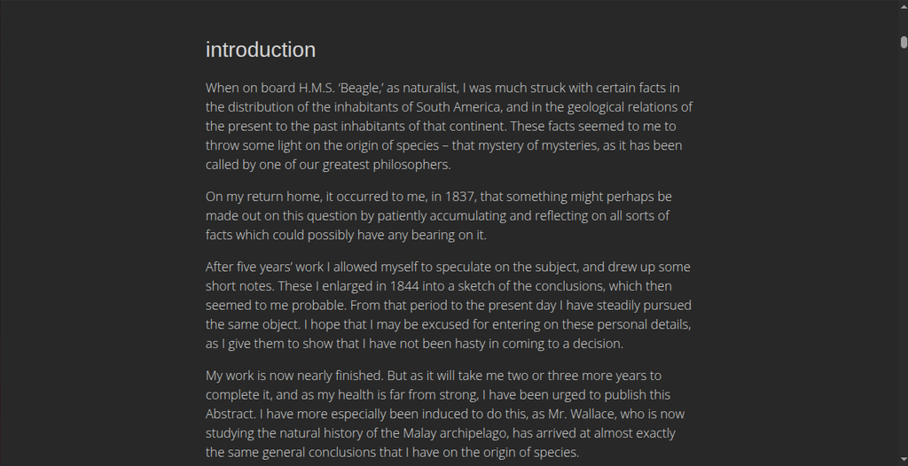 Screenshot of the intro of dark mode press's 2nd edition of Origin of Species, by Charles Darwin, in dark mode.