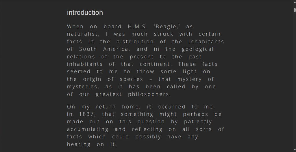 Screenshot of the intro of dark mode press's 2nd edition of Origin of Species, by Charles Darwin, in dyslexia mode.