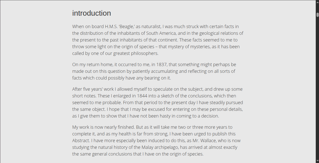 Screenshot of the intro of dark mode press's 2nd edition of Origin of Species, by Charles Darwin, in light mode.