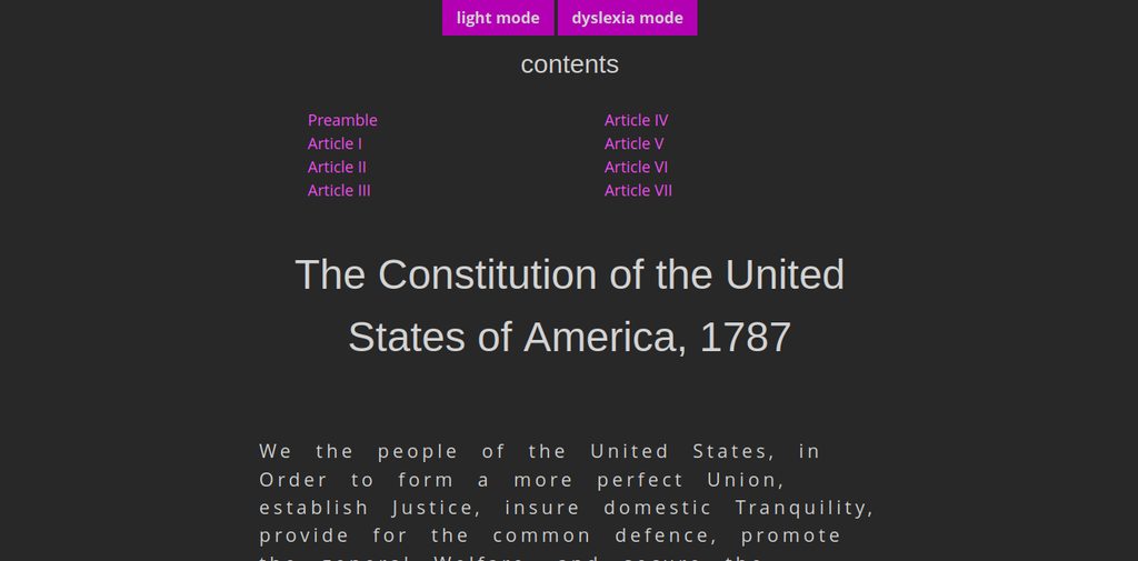 Screenshot: The same page in dyslexia mode, with an increase in font size, letter- and word-spacing.