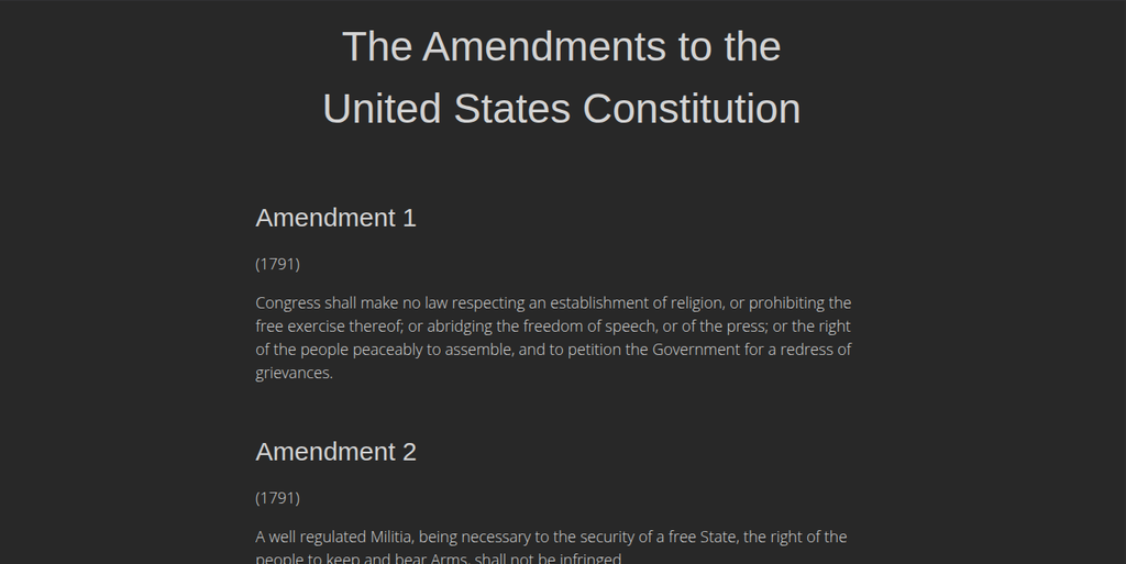 Screenshot: The Amendments to the United States Constitution in dark mode.